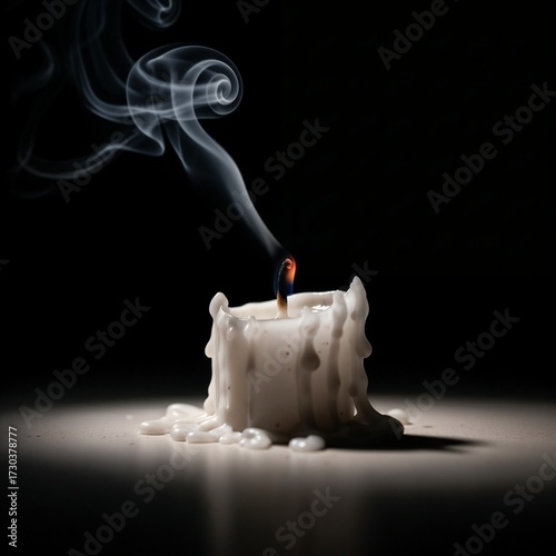 Melting white candle with smoke against a dark background  