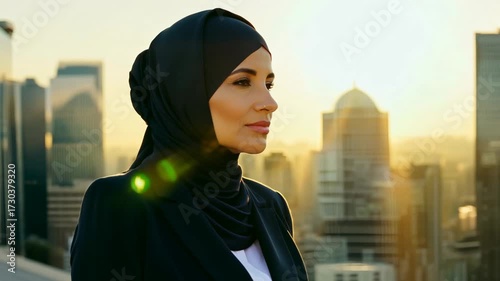 An Arabian businesswoman with hijab in a formal suit against the backdrop of skyscrapers. Businesswoman strides past the camera with towering buildings behind her.