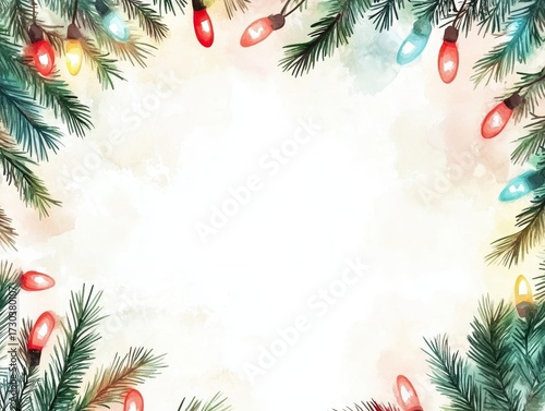 Square frame with fir branches and multicolor lights garland border for holiday card and invitation