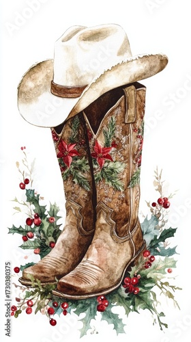Watercolor Scene Depicting Rustic Western Cowboy Christmas with Pair of Old Worn Brown Boots