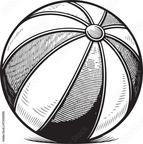 Beach Ball Holiday Vacation Hand-drawn Sketch Drawing Vector Illustration, Line Linear Symbol Engraving Coloring Book, Black and White Isolated