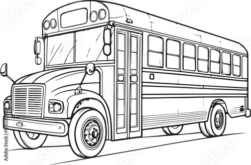 School Bus Transportation Hand-drawn Sketch Drawing Vector Illustration, Line Linear Symbol Engraving Coloring Book, Black and White Isolated