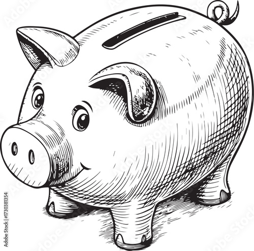 Savings Bank Loan Piggy Bank Hand-drawn Sketch Drawing Vector Illustration, Line Linear Symbol Engraving Coloring Book, Black and White Isolated