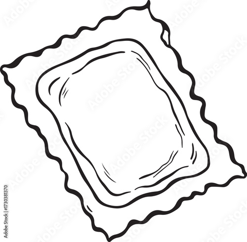 Ravioli Single Pasta Piece Hand-drawn Sketch Drawing Vector Illustration, Line Linear Symbol Engraving Coloring Book, Black and White Isolated