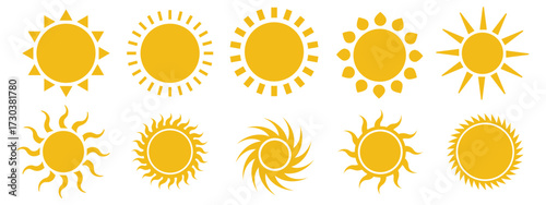 Yellow sun icons set, sunshine and solar glow, sunrise or sunset. Decorative circle full and half suns and sunlight collection. Hot solar energy for tan