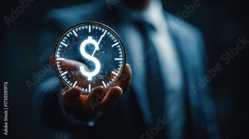 Businessman Holding Holographic Dollar Sign Clock Representing Time Is Money Concept