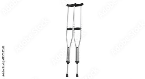 Pair of adjustable aluminum crutches isolated on a clean white background
