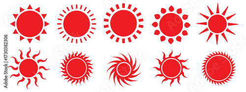 Yellow sun icons set, sunshine and solar glow, sunrise or sunset. Decorative circle full and half suns and sunlight collection. Hot solar energy for tan