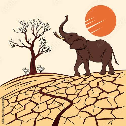 African Elephant in dry cracked land at sunset