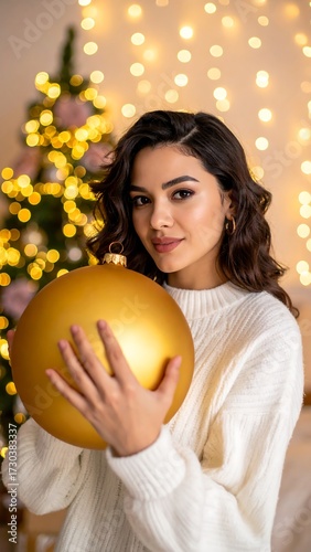 Young Woman Holding Christmas Ornament.