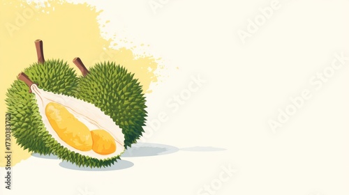 Two durians, one open, on a pale yellow background