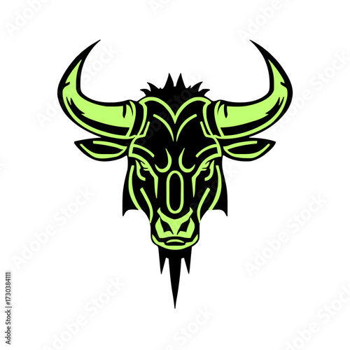 Bold wildebeest head graphic with striking horns and intense gaze for powerful branding