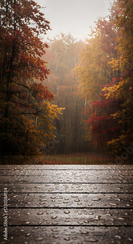 Wallpaper Mural Raindrops on a wooden deck overlooking a rainy autumn forest. Torontodigital.ca