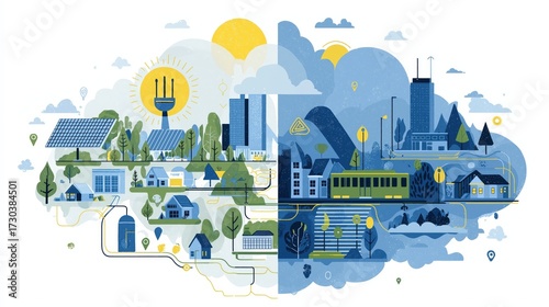 A colorful illustration depicting a blend of urban and rural landscapes, featuring renewable energy sources, buildings, and nature.