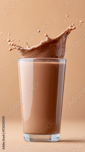 Chocolate milk splashing elegantly over glass rim in slow motion