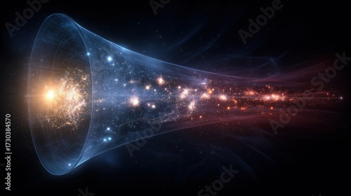 A vibrant cosmic funnel emitting stars and galaxies, illustrating the vastness and beauty of the universe.