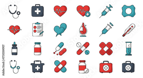Medical icons set symbolizing healthcare and emergency services with equipment and treatments