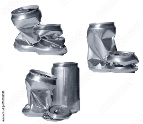 assortment of new and crushed aluminum cans arranged in a dynamic composition