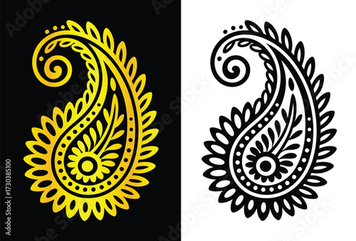 Traditional Indian paisley motif, ornate droplet shape, decorative plant pattern, stylized leaf design, cultural textile element