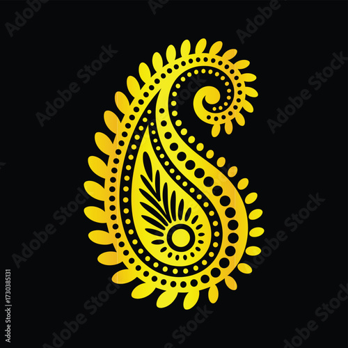 Golden paisley teardrop shape with intricate dots and scrolls oriental decorative design element
