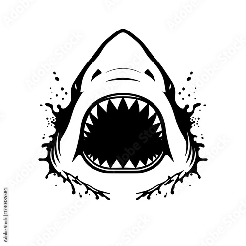 Fierce shark with open jaws and sharp teeth lunging forward creating water splashes