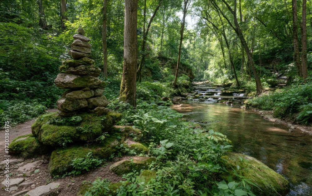 Obraz premium Peaceful forest stream, mossy stones