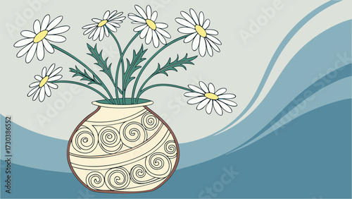 3D White Daisies in Patterned Clay Vase with Soft Blue Gradient Background and Natural Decorative Painting 