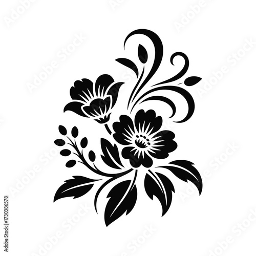 Decorative floral bouquet, stylized blossoms, elegant plant arrangement, flowing leaves, ornate botanical design
