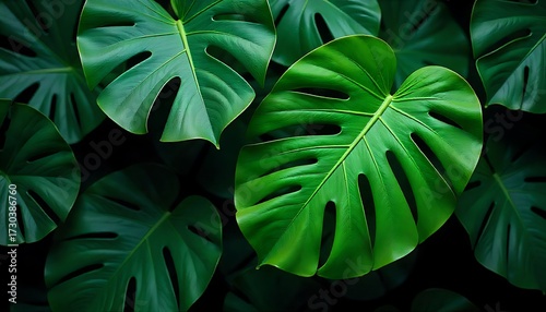 Vibrant green monstera leaves create a lush, tropical backdrop evoking a sense of natural beauty and tranquility