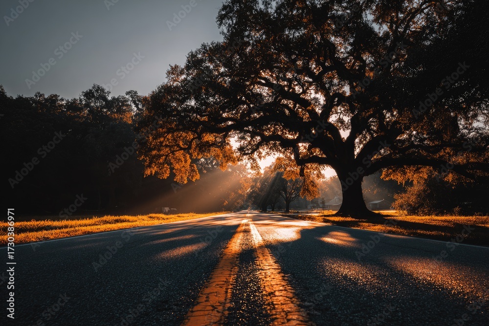 Fototapeta premium Sunrise illuminates a country road, large oak tree