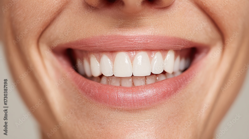 Obraz premium A close-up of a woman smiling, showcasing bright, healthy teeth and a joyful expression.