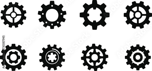 Eight black silhouette gear icons with different internal designs on a white background 