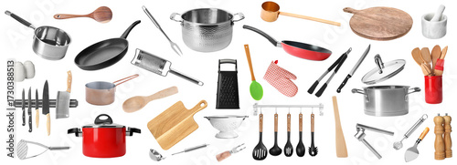 extensive collection of modern kitchen utensils and cookware on a transparent background