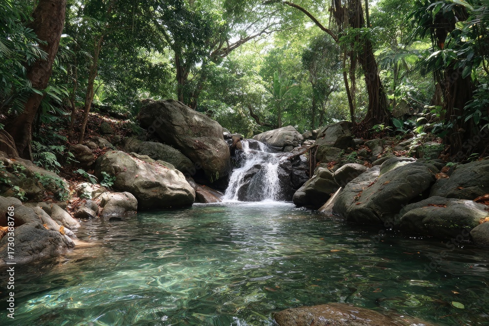 Fototapeta premium Lush waterfall cascading into clear pool, surrounded by dense tropical foliage