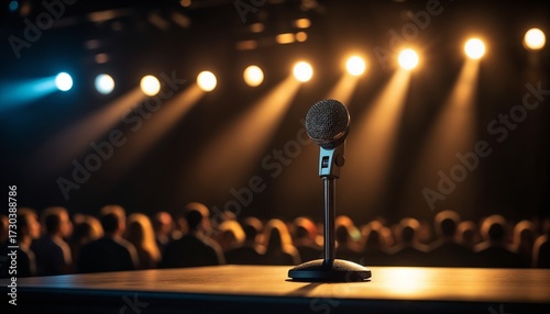 Microphone on stage with audience in background under spotlight  