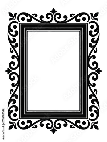 Ornate rectangular frame, black decorative border, elegant scrollwork design, vintage picture frame, intricate graphic element