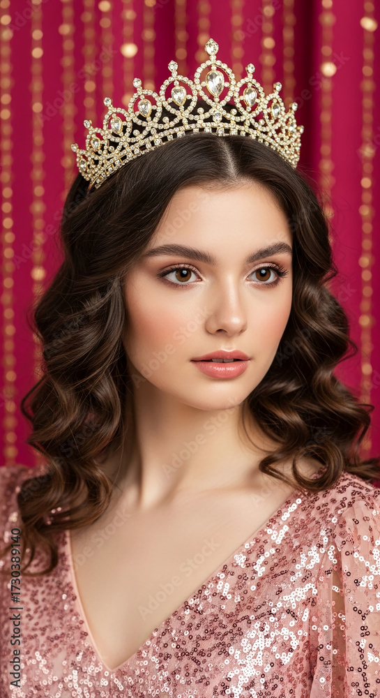 Fototapeta premium Young woman with brown curly hair wears a pink sequined dress and a jeweled crown against a red background, symbolizing elegance, royalty, and beauty