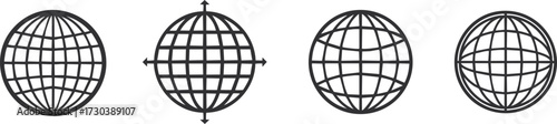 Four stylized globe icons with grid lines and arrows indicating expansion and contraction 