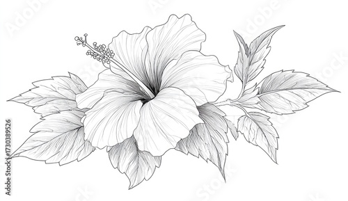Detailed monochrome illustration of a hibiscus flower with leaves