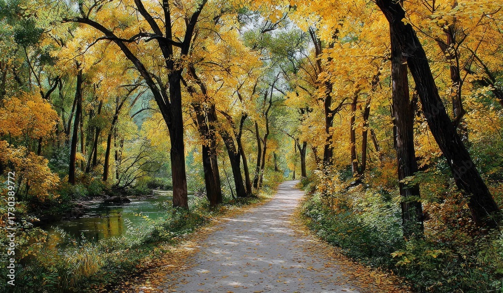 Fototapeta premium Autumnal path through golden woods