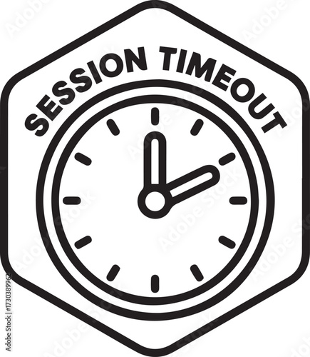 Hexagonal icon with a clock face and the text session timeout in outline style