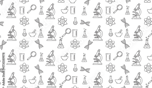 Intricate scientific exploration pattern featuring essential laboratory instruments and educational research tools
