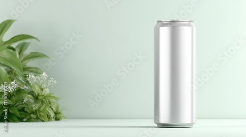 A sleek and minimalist aluminum can, standing tall beside fresh greenery