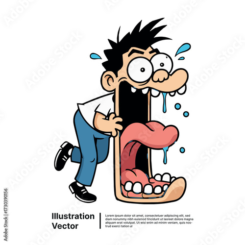 A humorous illustration of an individual with an enormous gaping mouth expressing profound shock or craving