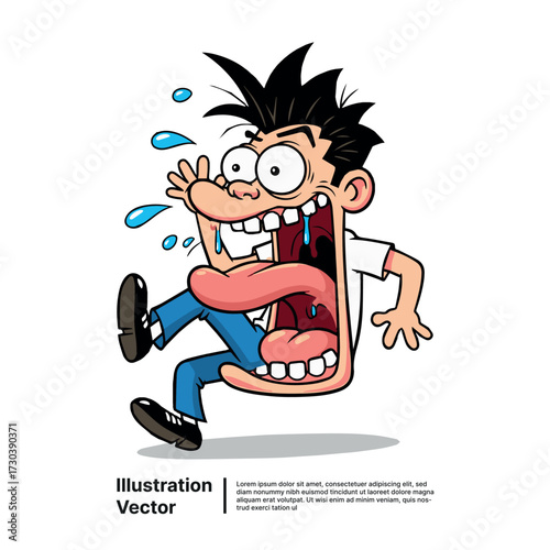 Humorous cartoon character with an extremely wide mouth and sweating, screaming in shock or panic