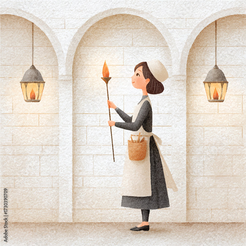 A cartoon maid in uniform holding a mop and bucket.