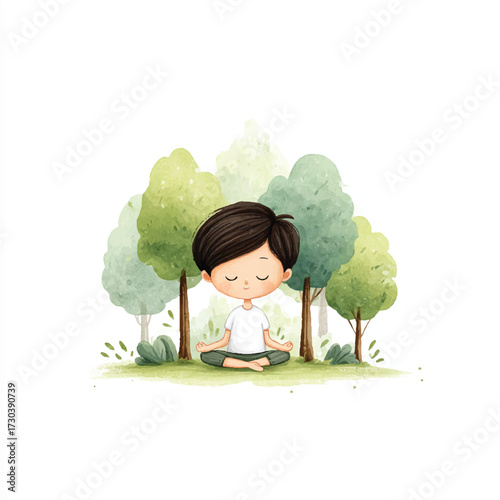 A charming watercolor illustration of a boy reading a book.