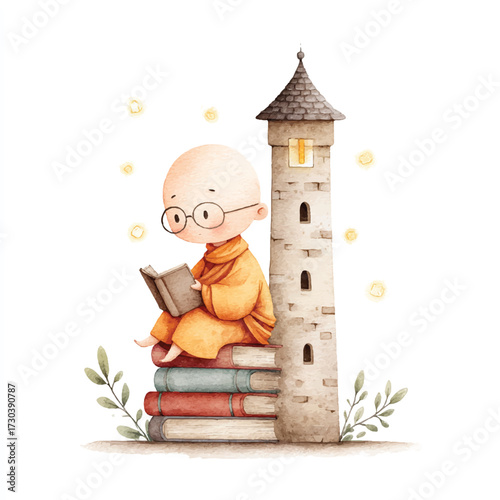 A cute cartoon monk reading a book on a stack of books next to a tower.