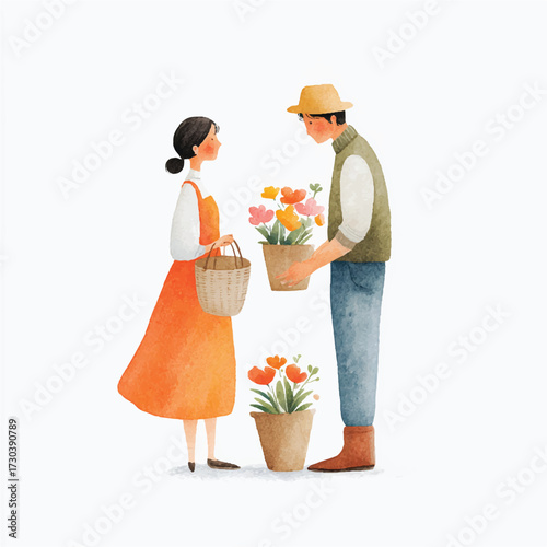 A couple exchanging flowers, symbolizing love and care in a heartwarming scene.