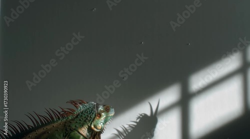 Close-up of an iguana with intricate details and shadow play against a wall.